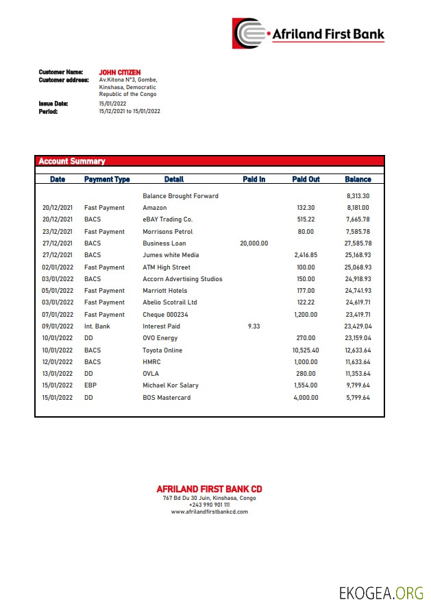 Déclaration de la Congo Afriland First Bank